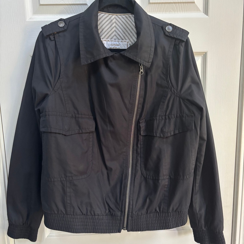 MNG by Mango Womens Black Asymmetrical Zip Utility Streetwear Bomber Jacket XL